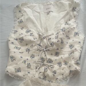 Reformation Ivory Floral Tie-Front Bustier with Blue & Pink Blossoms